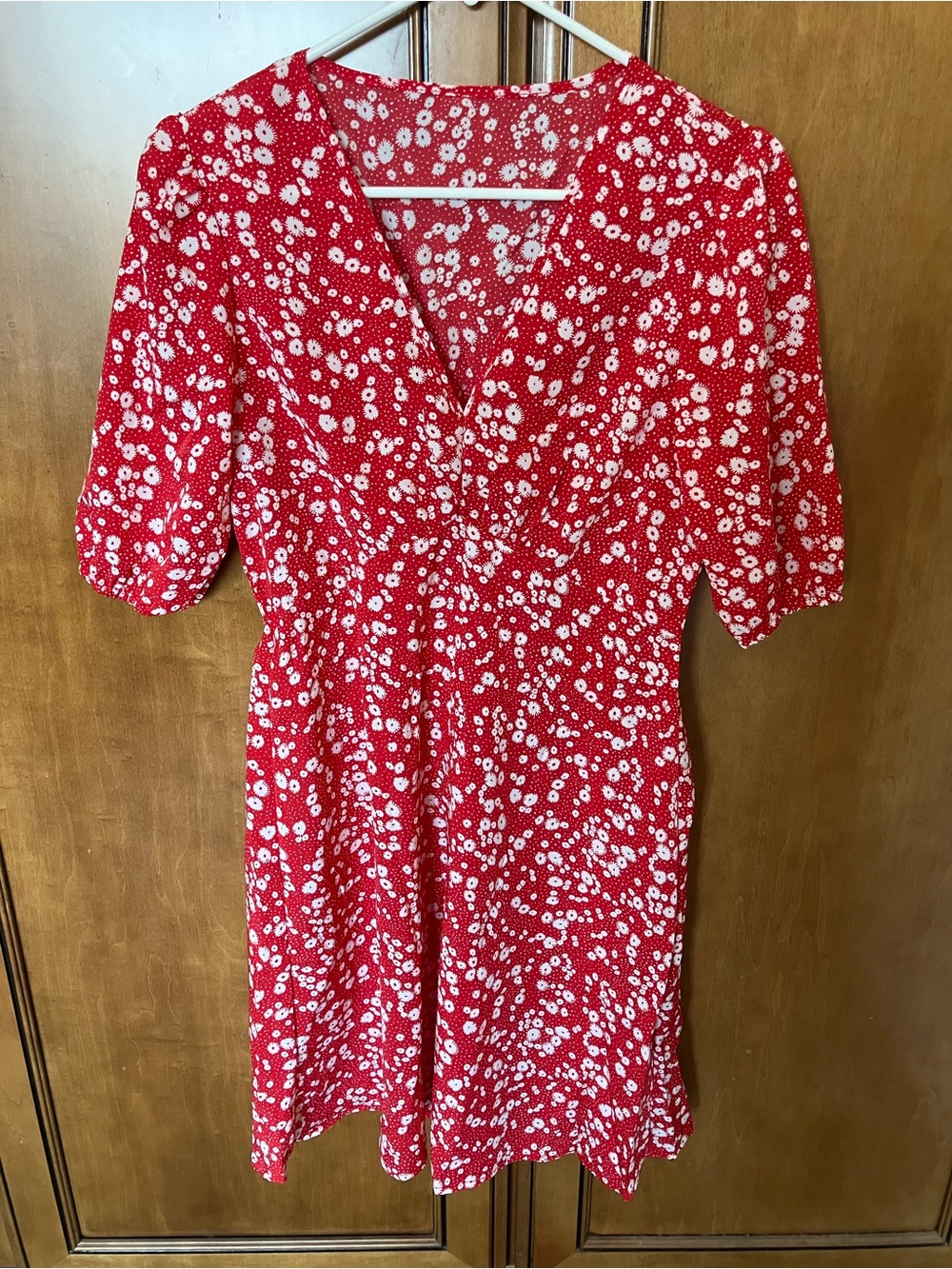 Red Floral V-Neck Short Sleeve Dress